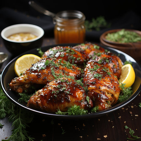 A image of Baked chicken drumsticks in honey mustard marin in tray Generative AIの素材