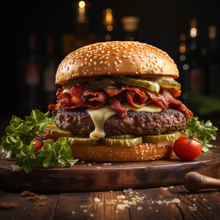 A image of Bacon burger with beef patty on dark wooden table Generative AIの素材
