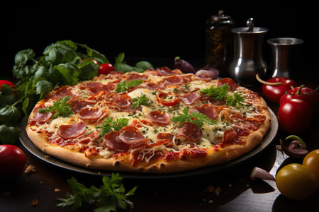 A image of pizza on table dark mode Generative AIの素材