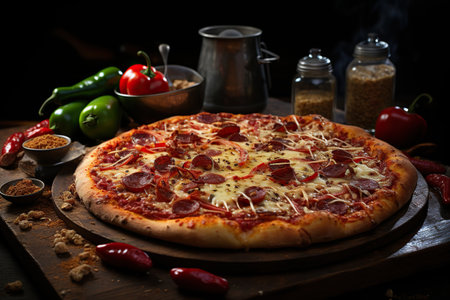 A picture of pizza on table dark mode Generative AIの素材