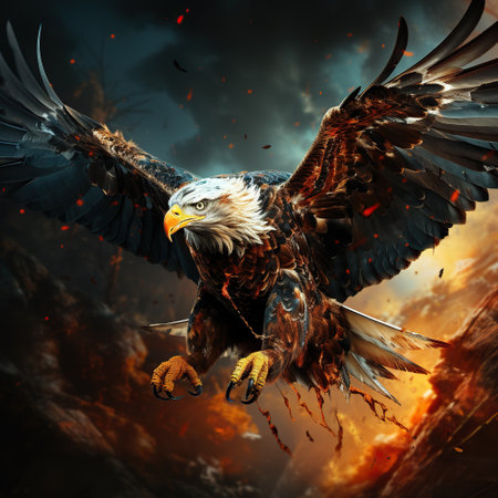 A image of Beautiful image of a bald eagle animal with fire flame ready for hunting Generative AIの素材