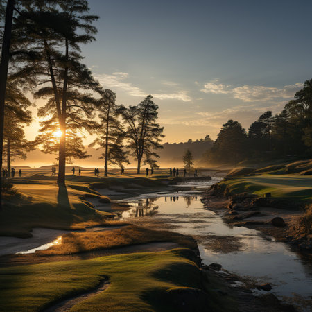 A image of landscape with river or lake and trees sunset Generative AIの素材