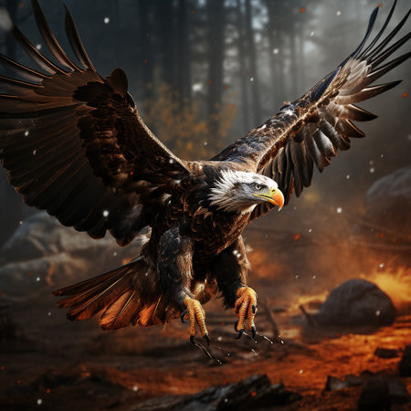 A picture of Beautiful image of a bald eagle animal with fire flame ready for hunting. Generative AIの素材