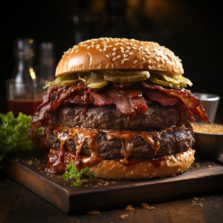 A photo of Bacon burger with beef patty on dark wooden table Generative AIの素材