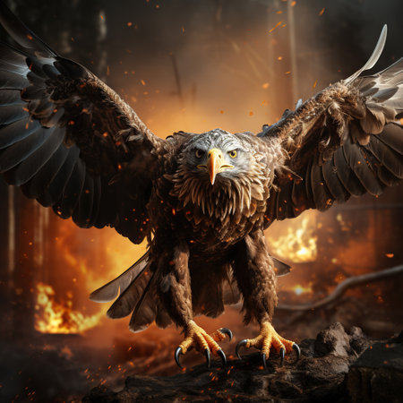 A picture of Beautiful image of a bald eagle animal with fire flame ready for hunting Generative AIの素材