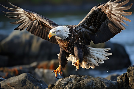 A photo of An adult bald eagle Haliaeetus leucocephalus ready for hunting concept Generative AIの素材