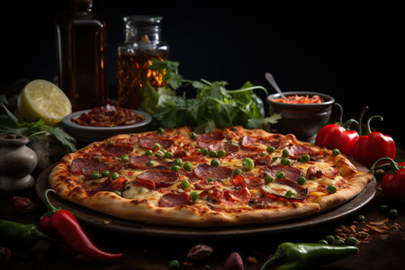 A photo of pizza on table dark mode Generative AIの素材