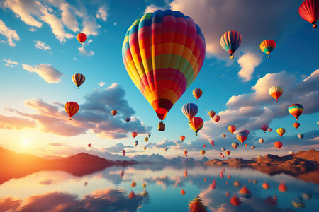 A picture of Hot Air Balloons rising air sunset with clouds celebrate concept Generative AIの素材