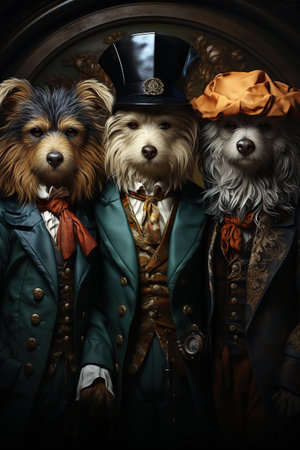 A shot of Animals in clothes Concept graphic in vintage style Generative AIの素材