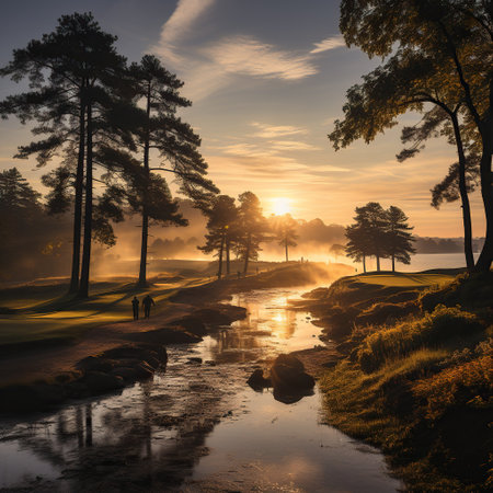 A shot of landscape with river or lake and trees sunset Generative AIの素材