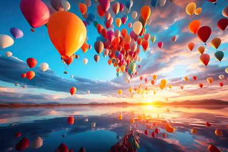 A shot of Hot Air Balloons rising air sunset with clouds celebrate concept Generative AIの素材
