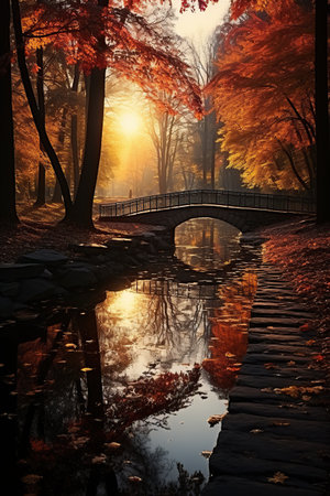 A shot of Autumn forest path Orange color tree red brown Generative AIの素材