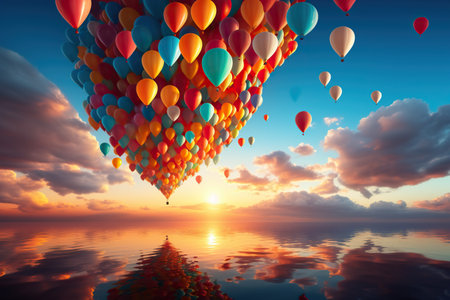 A closeup of Hot Air Balloons rising air sunset with clouds celebrate concept Generative AIの素材