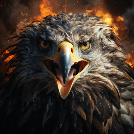 A shot of Beautiful image of a bald eagle animal with fire flame ready for hunting Generative AIの素材