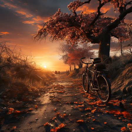 Back view Beautiful landscape image with standing Bicycle at sunset Generative AIの素材