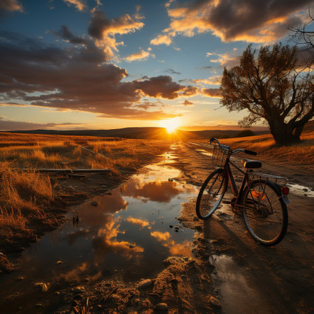 Beautiful landscape image with standing Bicycle at sunset Generative AIの素材
