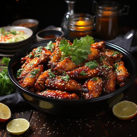 Photo of Baked chicken drumsticks in honey mustard marin in tray Generative AIの素材