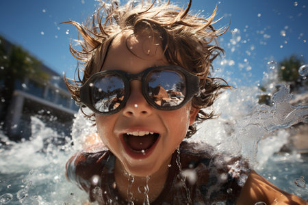 Aquatic Lifestyle Realistic Image of Happy Kid Enjoying a Swim in Goggles Generative AIの素材