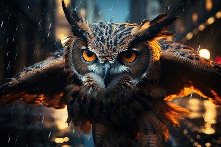 Owl Realm Photo Capturing the Realistic Flight of a Eurasian Eagle Owl Generative AIの素材
