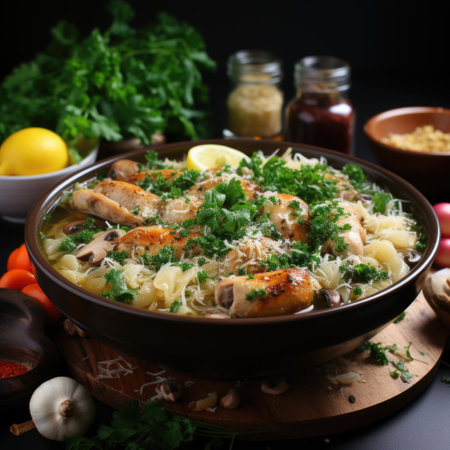 Realistic Photo Chicken Soup and Gourmet Dining Experience Generative AIの素材