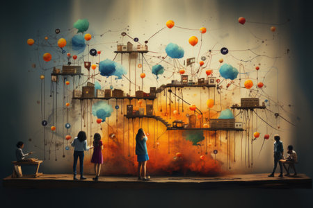 Connected Realms Realistic Concept of Social Network, Intertwined with Hand Drawn Illustrations Generative AIの素材