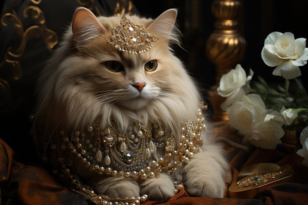 Crowned Kitty Charm Queen Cat in Realistic Photo Generative AIの素材