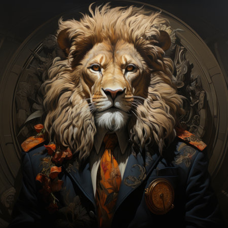 Animal in Man Suit Realistic Image of Lion Looking at Camera in Night View Generative AIの素材