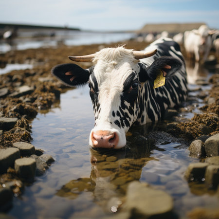 Beachside Drinking Realistic Ox Image, Black and White Cow, Glass in Hand Generative AIの素材