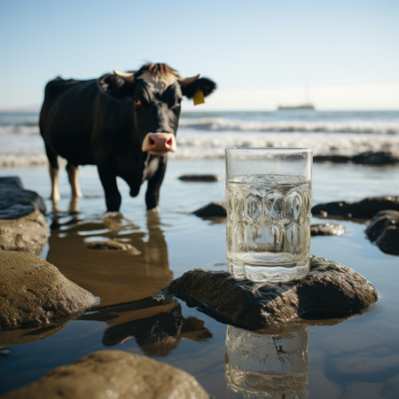 Beachside Elegance Realistic Ox Photo, Drinking Water, Black and White Cow Generative AIの素材