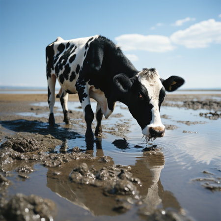 Bull by the Beach Realistic Photo, Drinking Water, Black and White Cow Generative AIの素材