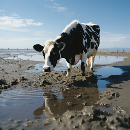 Bull by the Beach Realistic Photo, Drinking Water, Black and White Cow with Glass Generative AIの素材
