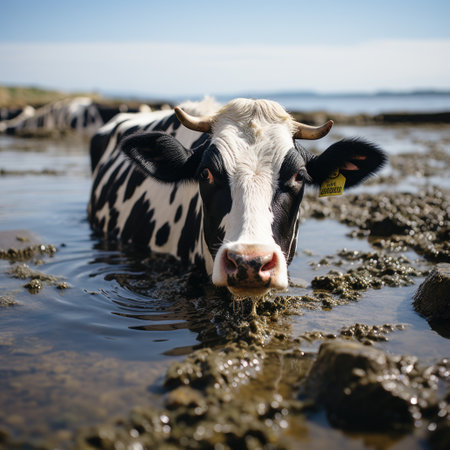 Ox by the Beach Realistic Image, Drinking Water, Black and White Cow with Glass Generative AIの素材