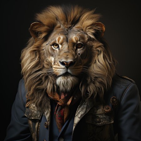 Animal in Man Suit Realistic Image of panthera Lion Looking at Camera in Night View Generative AIの素材