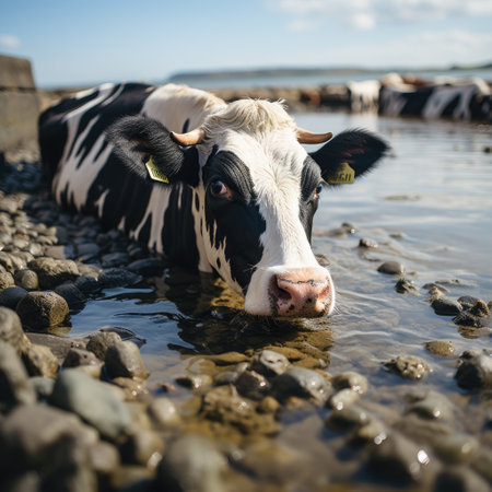 Ox and Cow Realistic Photo, Drinking Water in Coastal Scene, Black and White Generative AIの素材