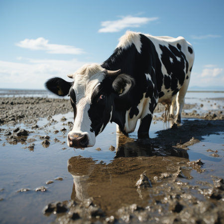Bull by Beach Realistic Photo, Drinking Water, Black and White Cow with Glass Generative AIの素材