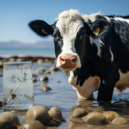 Realistic Photo Black Cow Drinking Water in Beach, Ox Looking at Camera Generative AIの素材