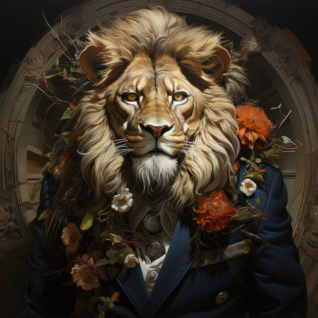 Man in Lion Suit Realistic Night View Photo Looking at Camera with Paint Coat Generative AIの素材
