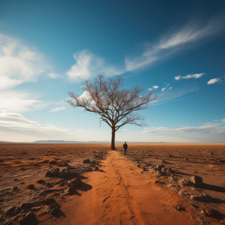 Realistic Sunset Image Man Standing by Tree in Desert with Abstract Background Generative AIの素材