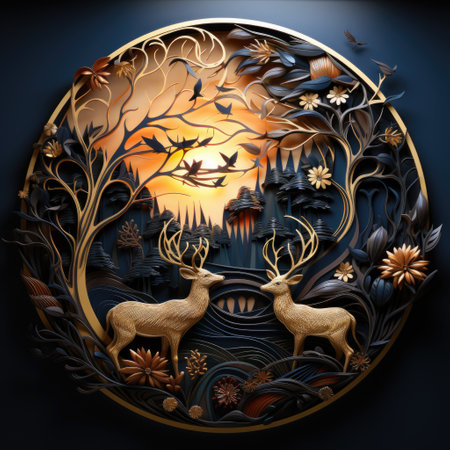 Photo of Contemporary Wallpaper Dark Blue Mural with Abstract Background, Deer Profile Generative AIの素材