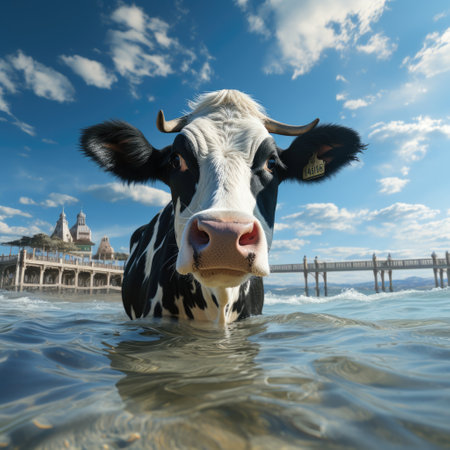Realistic Beach Image Ox Drinking Water, Beautiful Black and White Cow, Glass in View Generative AIの素材