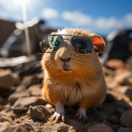 Stylish Brown Glasses on Cute Guinea Pig Realistic Sunset Photo Generative AIの素材