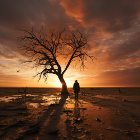 Photo of Abstract Background Realistic Sunset, Tree, and Man Standing in Desert Generative AIの素材