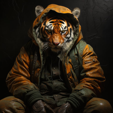 Realistic Image Tiger in Man Suit Looking at Camera at Night in Paint Coat Generative AIの素材