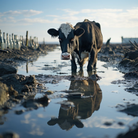 Realistic Photo Ox Drinking Water in Beach, Black and White Cow Looking at Camera Generative AIの素材