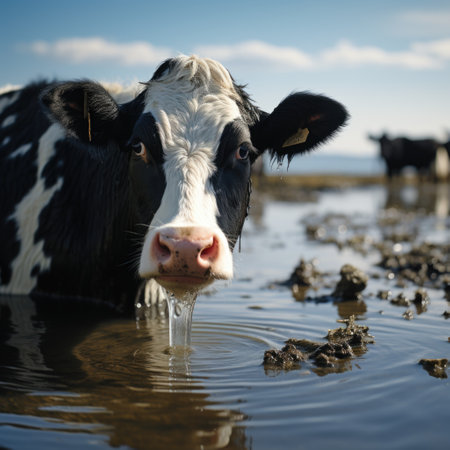 Realistic Image Black and White Cow Drinking Water in Beach, Ox with Glass Generative AIの素材