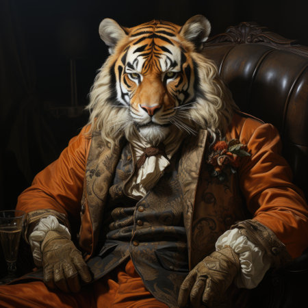 Tiger in Man Suit sitting on office chair Looking at Camera at Night Generative AIの素材