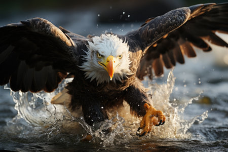Realistic Image Eagles Attack Fish in the Rocks, Ready Hunting Generative AIの素材