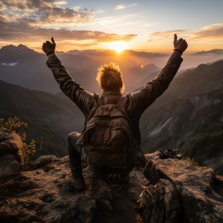Man Embracing Evening on Mountain Peak A Realistic Image of Joy, Generative AIの素材