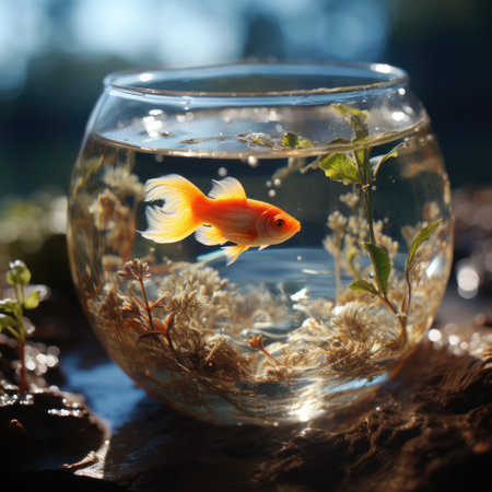 Realistic Photo of Fish in Glass Bowl with Water and Plants Generative AIの素材