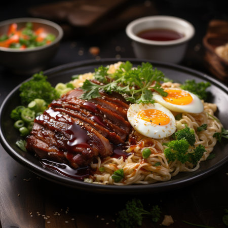 Realistic Photo of Winter Recipe Fried Duck Meat with Egg Noodles Generative AIの素材